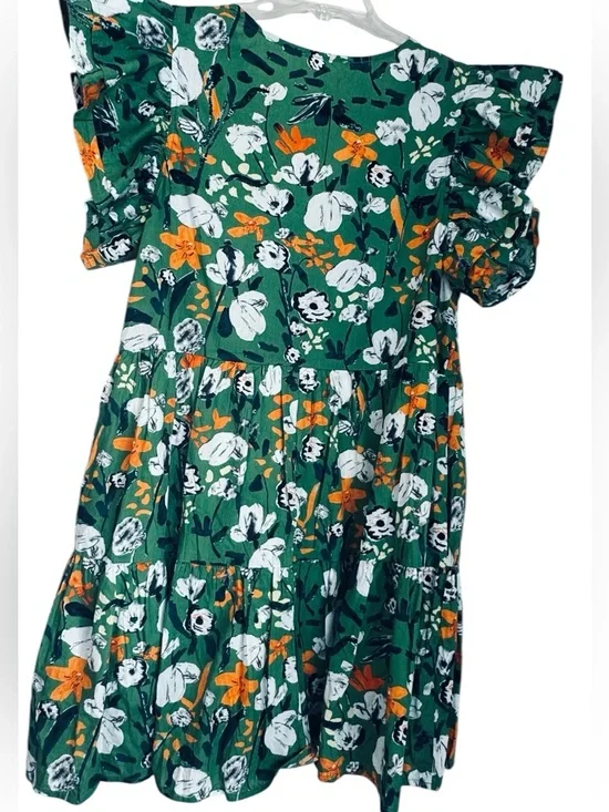 Green Floral Ruffle Sleeve Tiered Dress Size M Cotton Lined Boutique - Picture 5 of 8